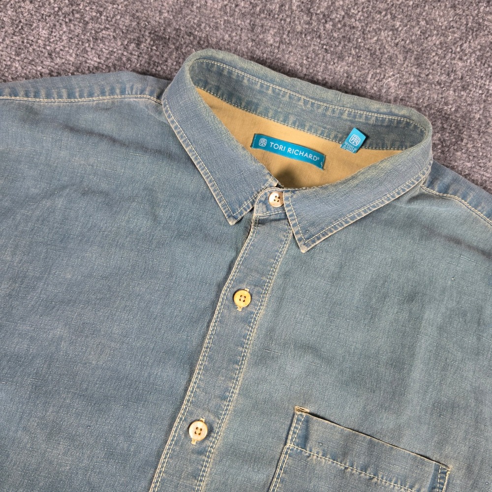 Tori Richard Shirt Mens XL Blue Silk Linen Short Sleeve Button Up Chambray READ